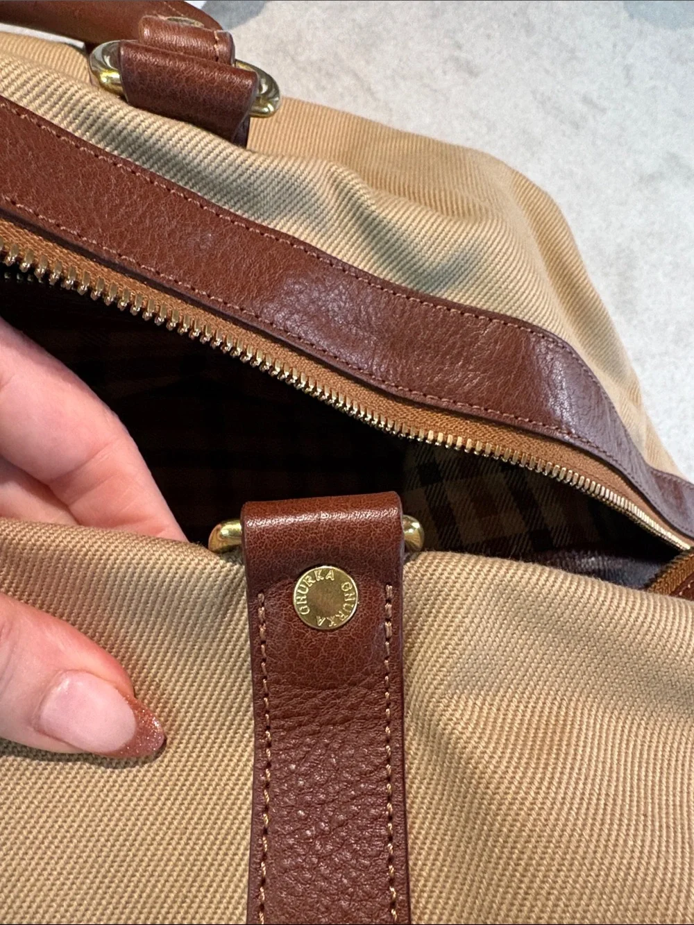 Ghurka NWOT Cavalier II No.97 khaki twill vintage chestnut leather weekender bag